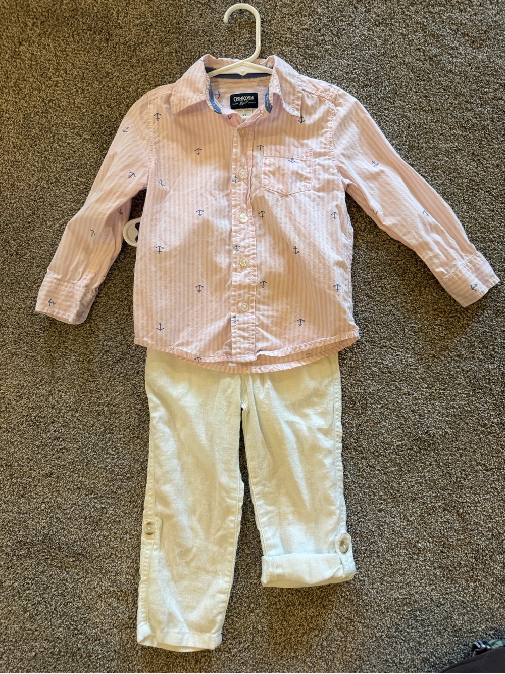 OshKosh B'gosh Pink Striped Anchor-Print & Plaid Button up with White Pants